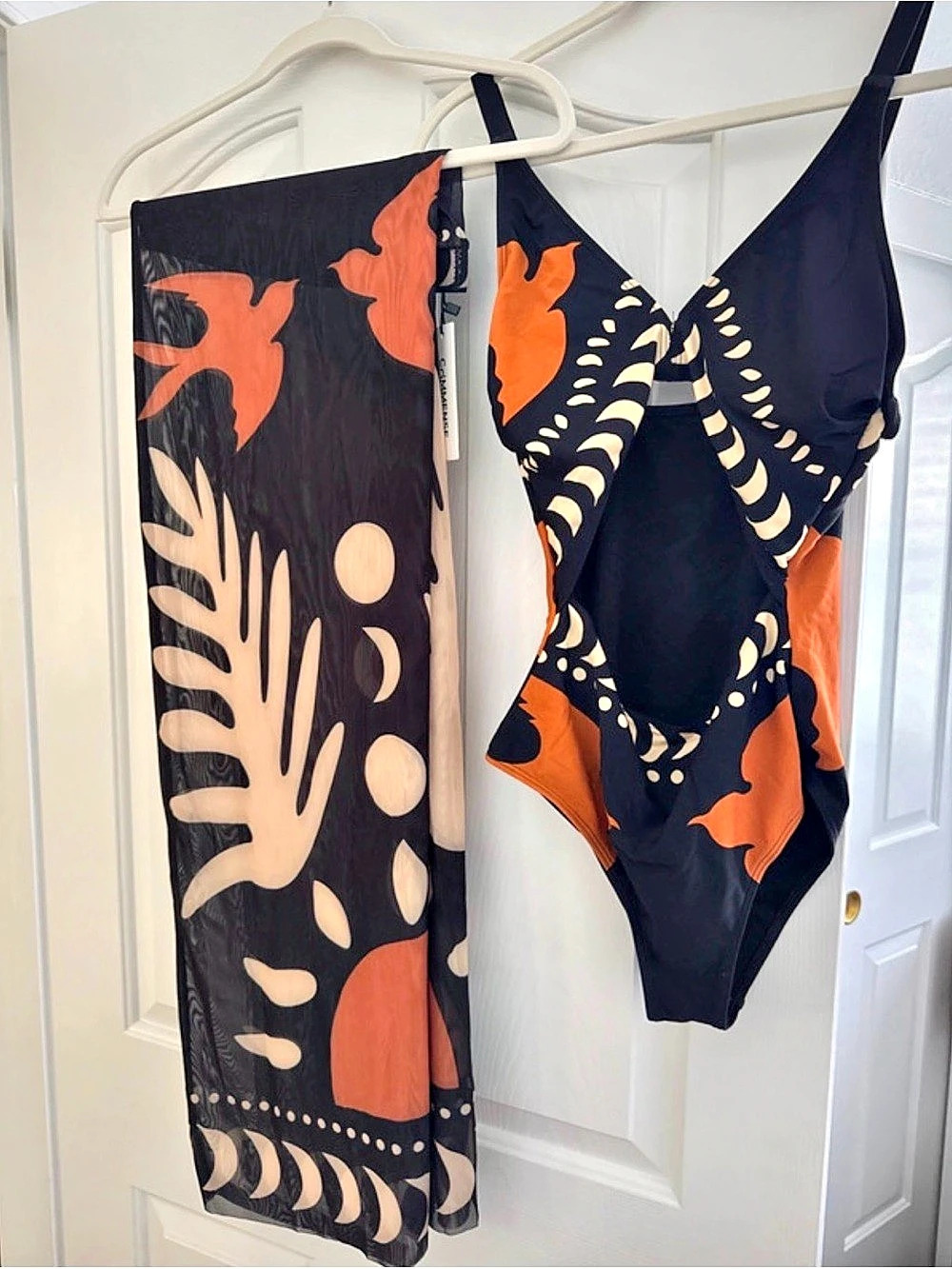 Commense Bird Print Cutout One Piece Swimsuit in Black & Orange